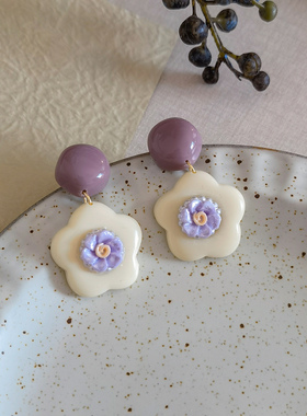 配裙子超美哒温柔风紫色五瓣花树脂耳环甜美少女生物瓷耳钉防过敏
