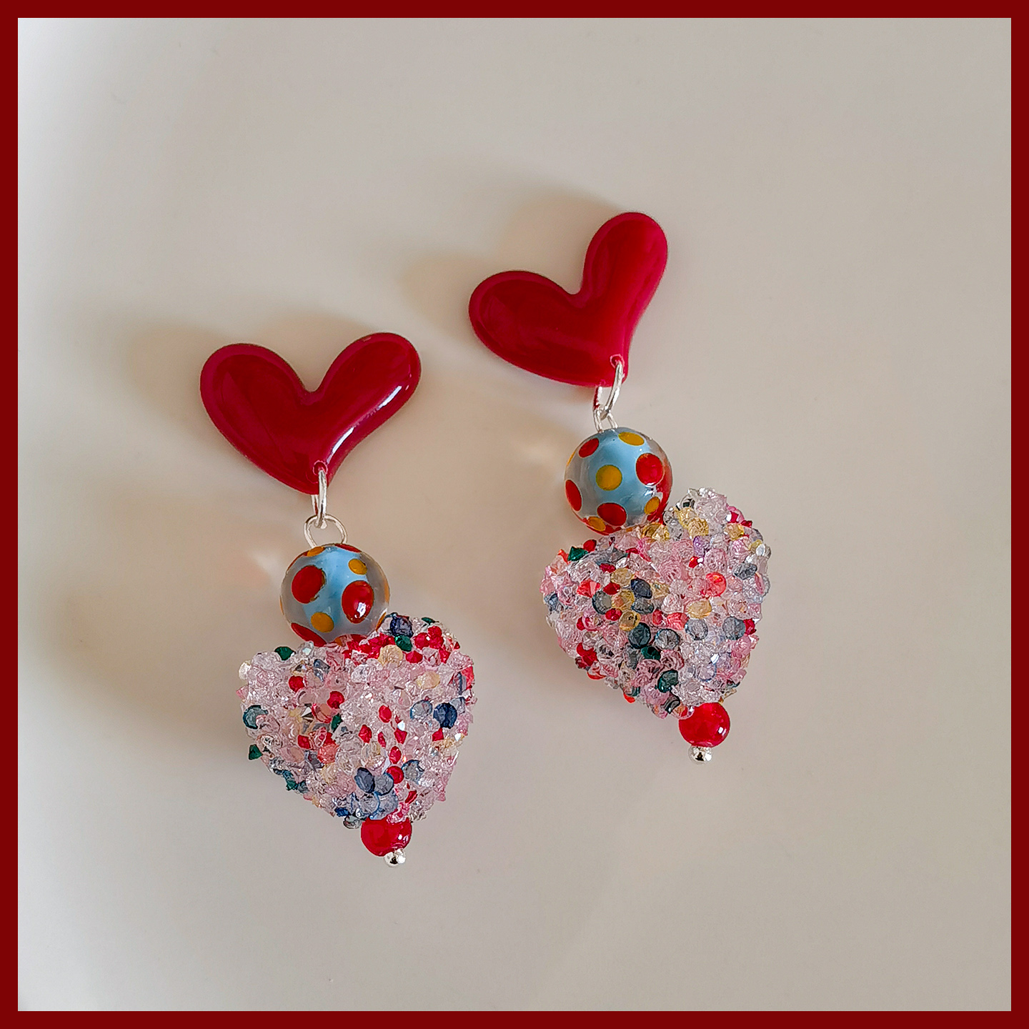 原创设计彩色多巴胺砂糖立体爱心耳环甜美少女心生物瓷耳钉防过敏