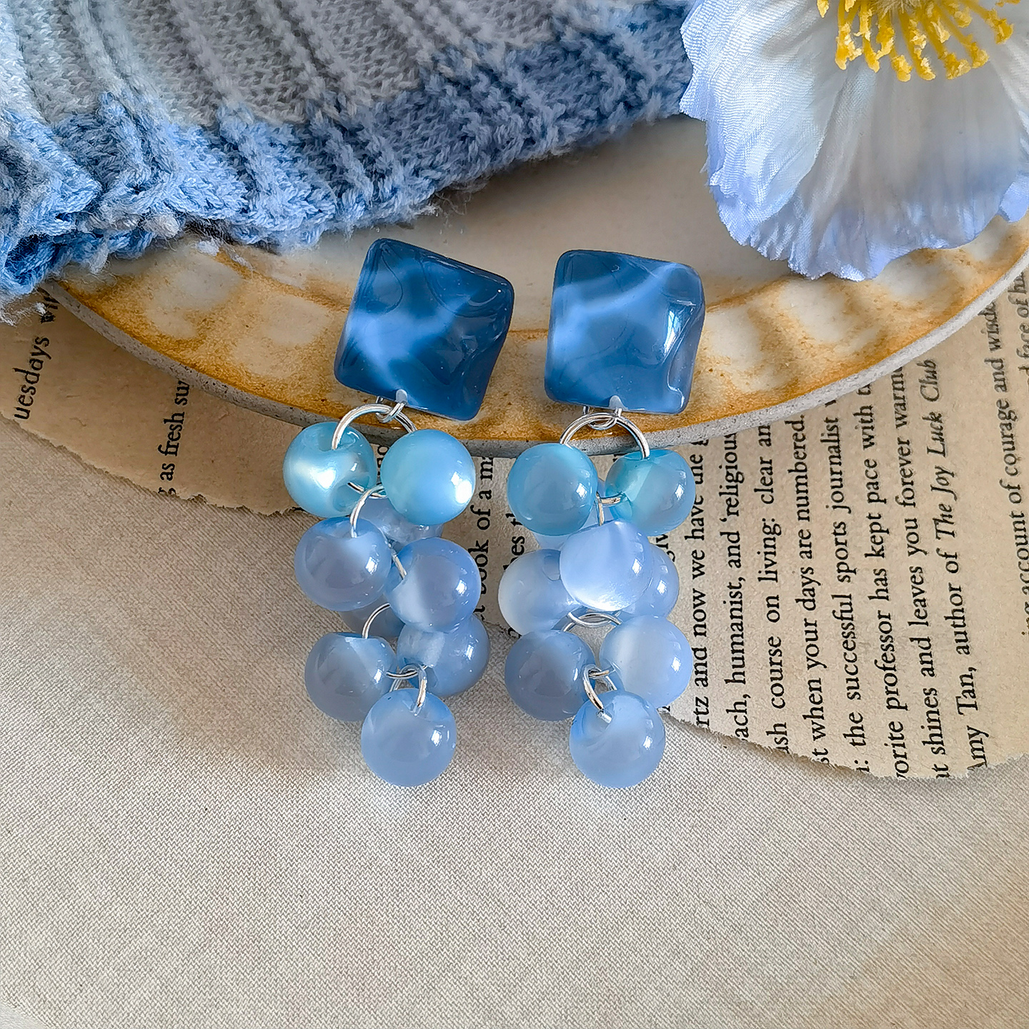 超美蓝色葡萄串珠耳环适合夏天海边度假拍照医用生物瓷耳钉养耳洞