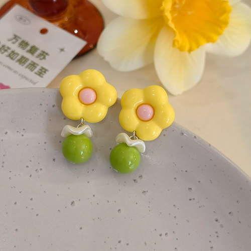 法式奶油日系少女撞色昭和风花花珠子耳钉独特少女心生物瓷耳环IN