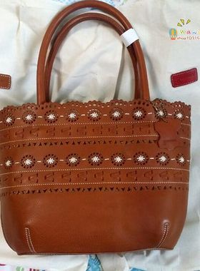 出口原单 头层纯牛皮 genten 女士镂空压花 手提包2018夏新款包