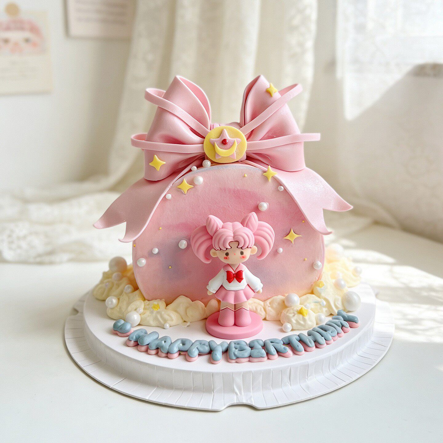 美少女战士女孩生日蛋糕装饰小公主粉色蝴蝶结软胶立体玩偶摆件