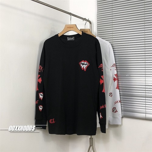 rockNroll摇滚党挚爱红唇十字架潮牌万针刺绣拼皮趣味搞怪长袖T恤