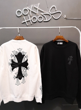 2023原创潮牌ooxx秋冬超帅ins皮质PU十字架加绒卫衣情侣上衣新品