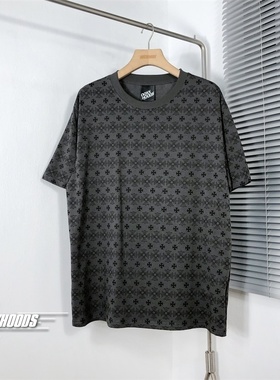 密密麻麻十字架飞镖排列灰色宽松落肩袖纯棉潮牌欧美男女短袖T恤