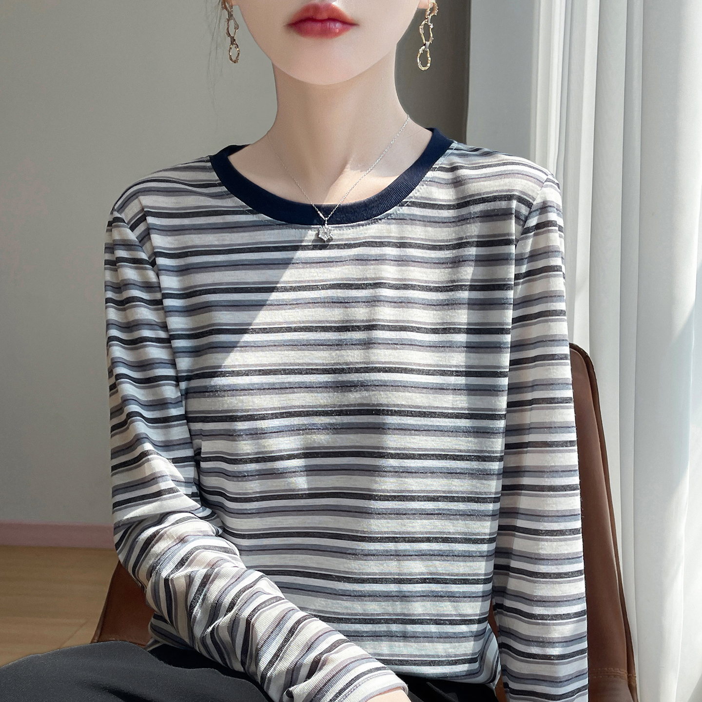 特价清仓！设计感条纹针织衫女小众别致印花宽松显瘦长袖毛衣T恤