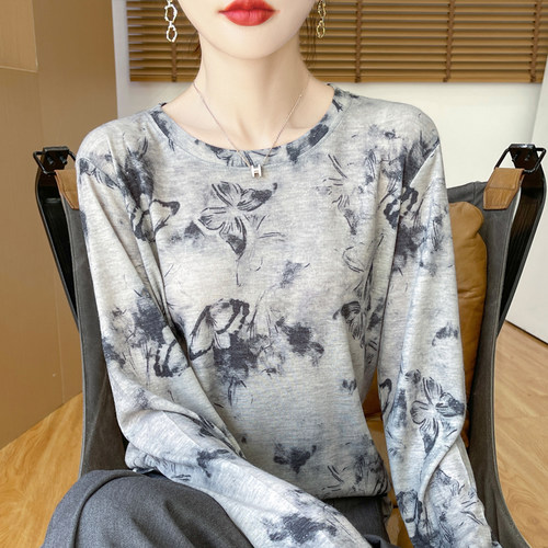 撤柜处理！复古风水溶扎染印花圆领软糯打底衫女时髦薄款T恤衫