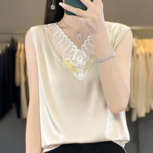 法式 上衣醋酸夏 吊带背心女高级感蕾丝拼接缎面仿真丝内搭外穿无袖