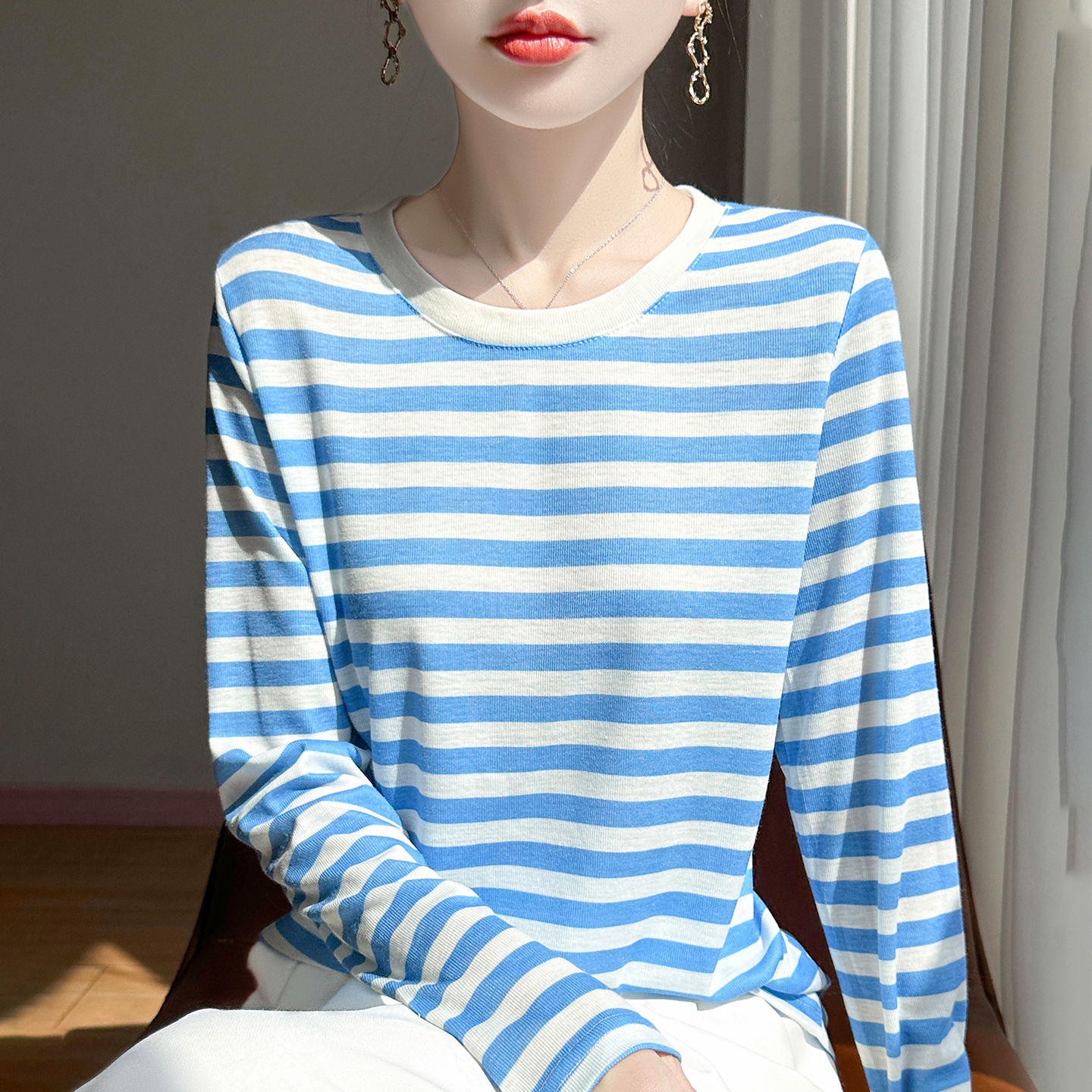 特价处理！2025新款女士长袖T恤圆领条纹针织短袖宽松杏色百搭t恤