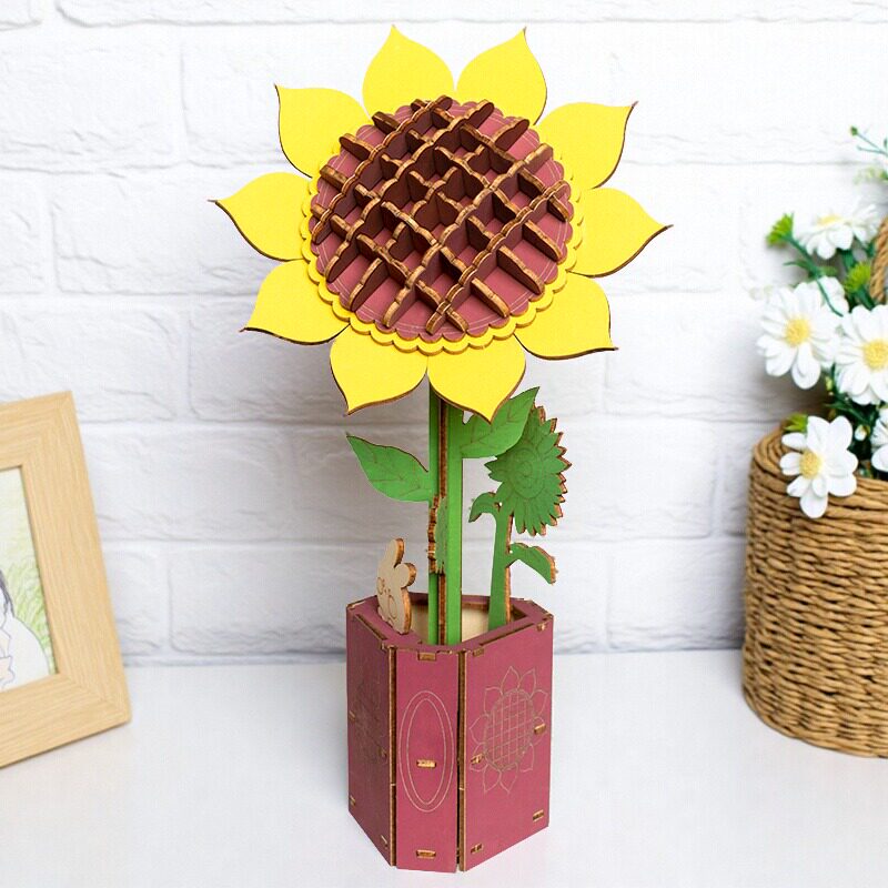 向日葵木艺繁花积木花束拼装模型