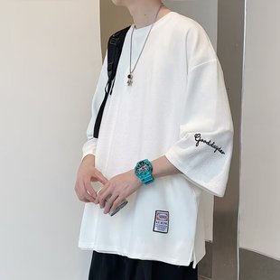 潮流韩版 夏季 男T恤冰丝宽松短袖 情侣上衣服蝙蝠袖 港风拼接七分袖