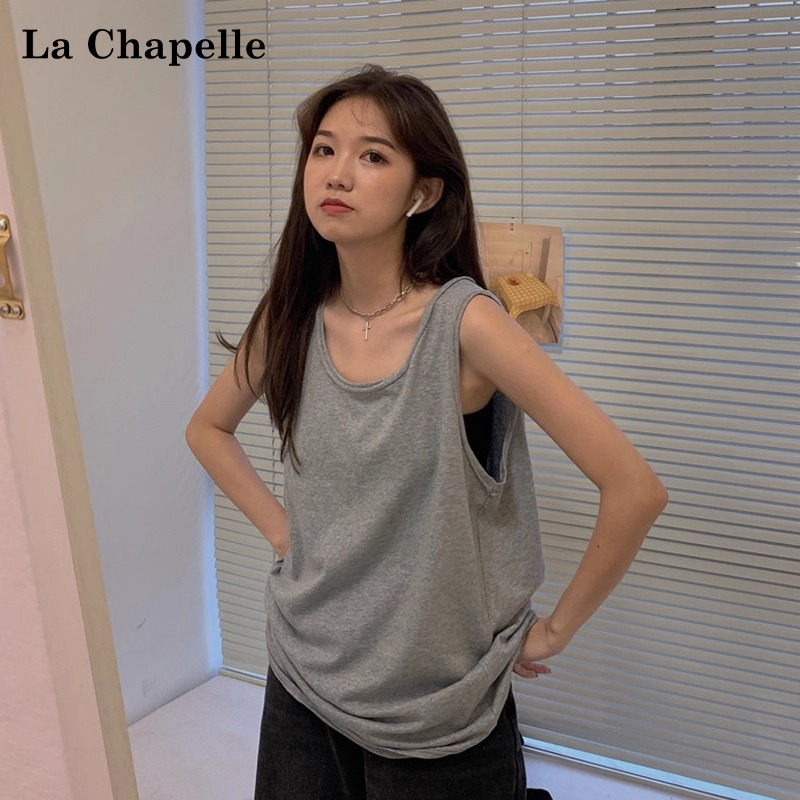 拉夏贝灰色运动吊带背心女夏外穿内搭中长款无袖t恤宽松大码上衣