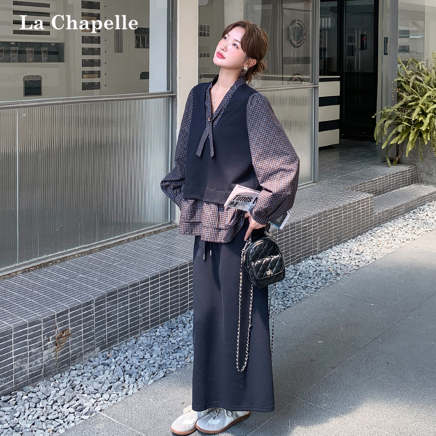 格纹衬衫马甲半身裙三件套女秋
