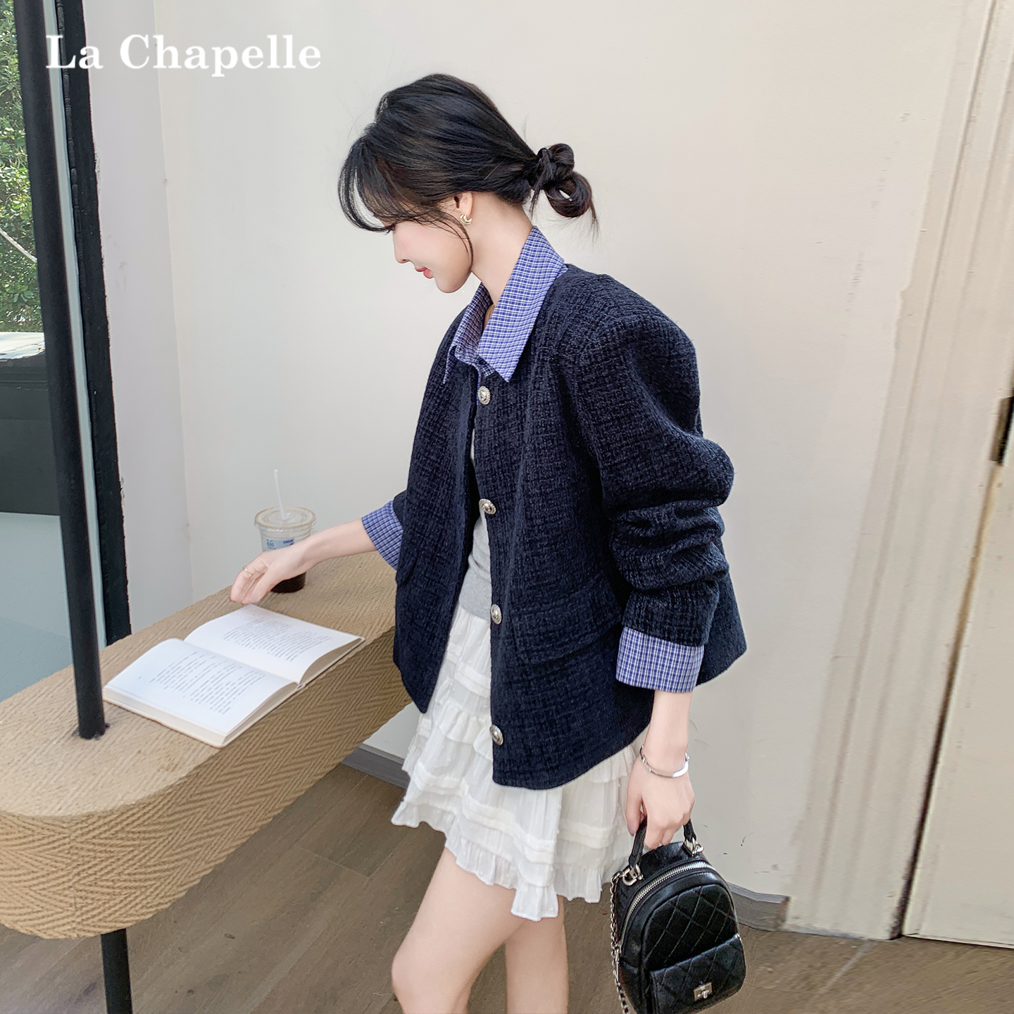 藏青色假两件小香风短外套