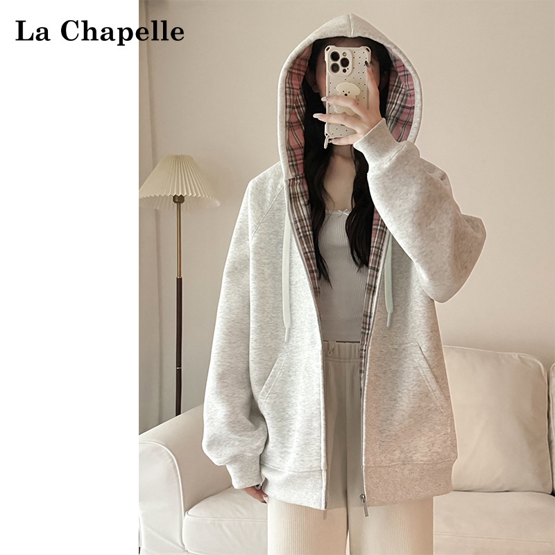 拉夏贝尔美式拼接格纹连帽卫衣女