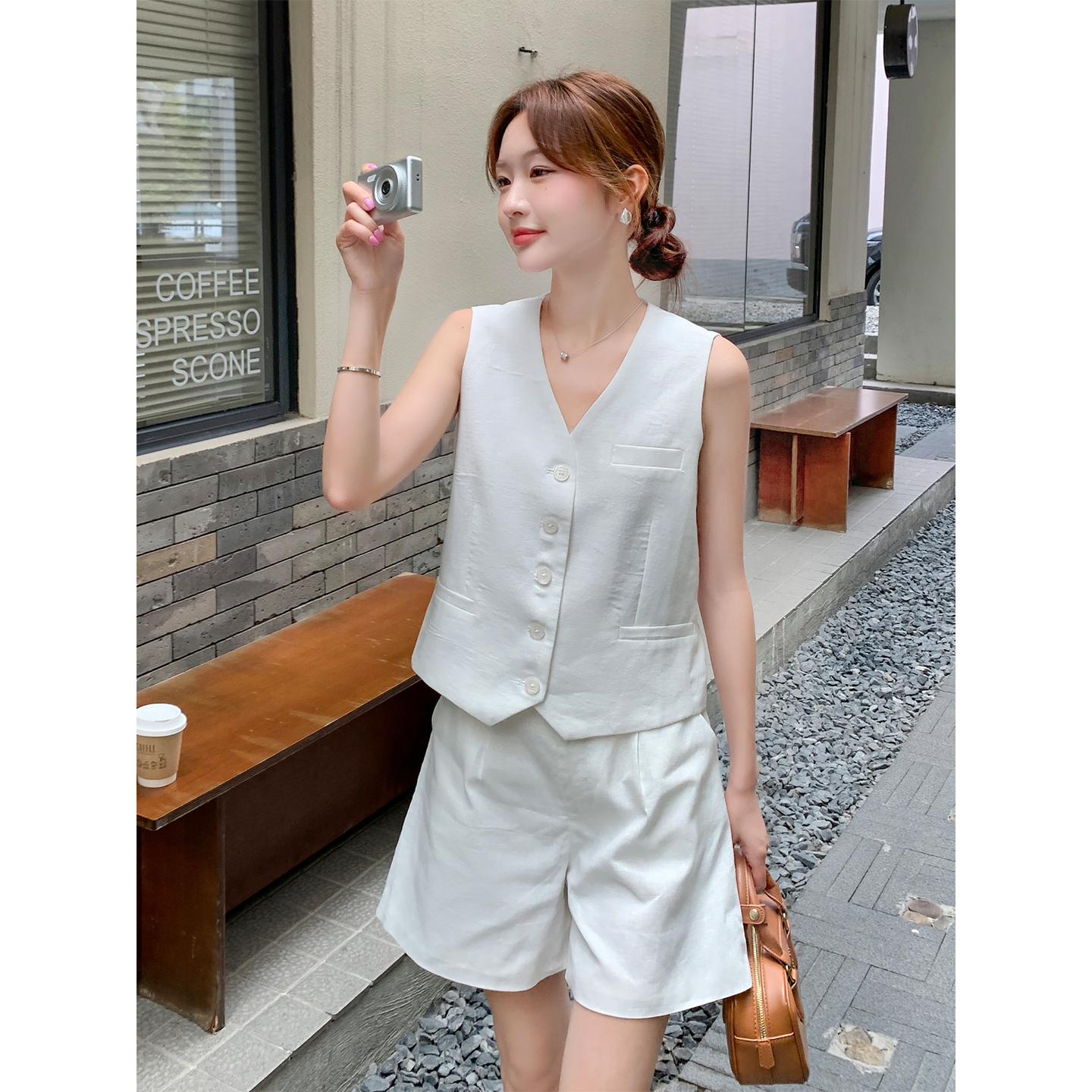 拉夏贝尔白色马甲套装女夏