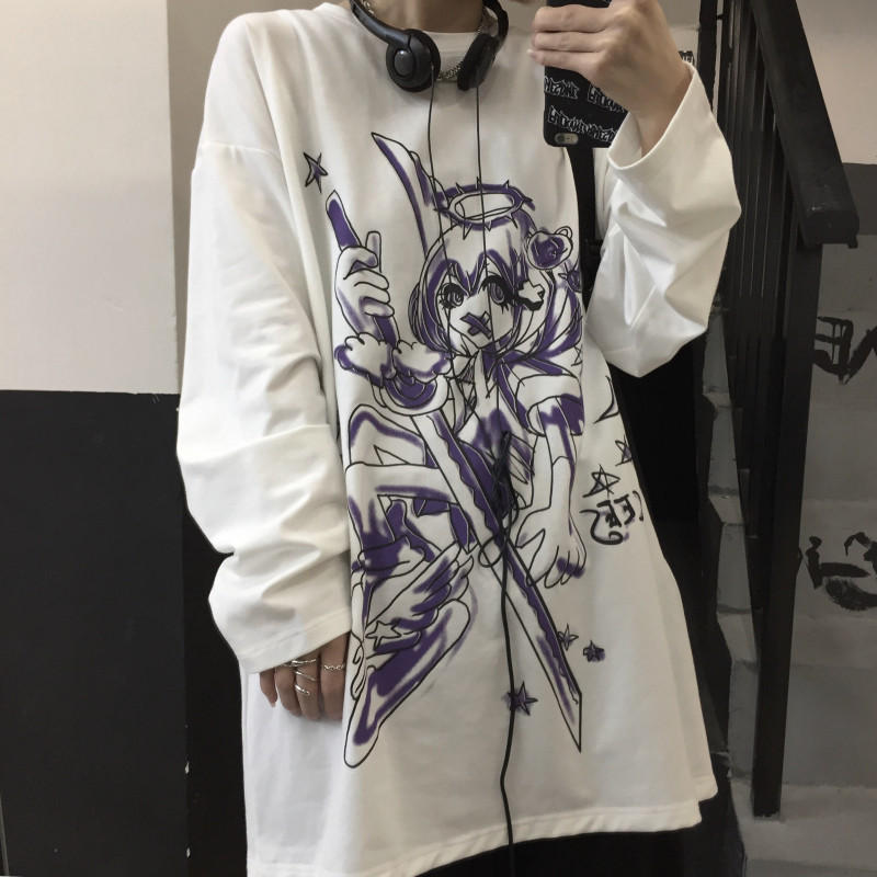 ~Spring new Harajuku style women's hand painted beautiful girl printing loose long sleeve T-shirt