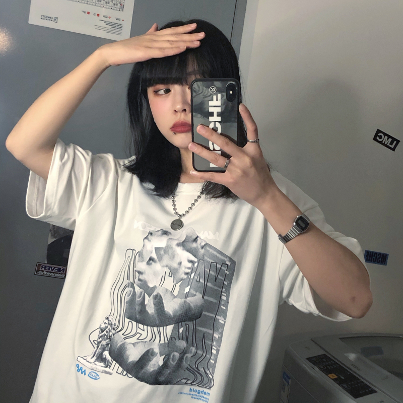 夏季韓國怪味少女暗黑圖案印花百搭寬鬆短袖恤上衣學生女