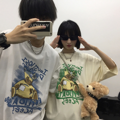  原宿INS國潮卡通補丁小熊印花百搭寬鬆短袖T恤男女上衣