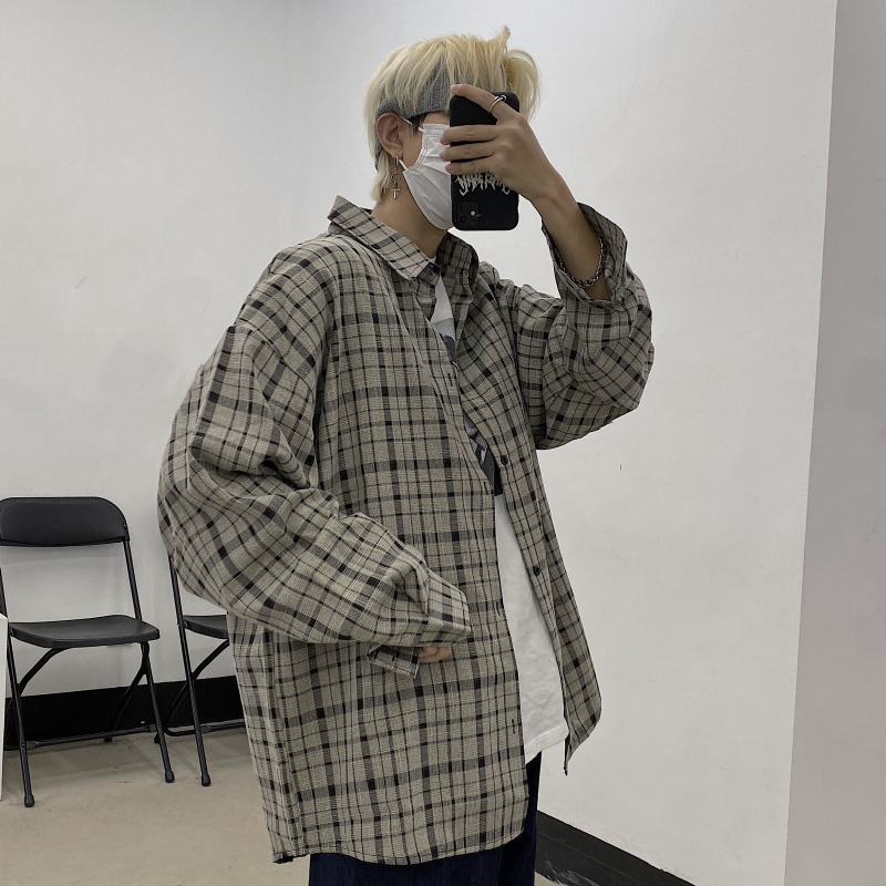 ~2021 spring Korean ins retro classic Plaid loose long sleeve shirt coat men's and women's shirts