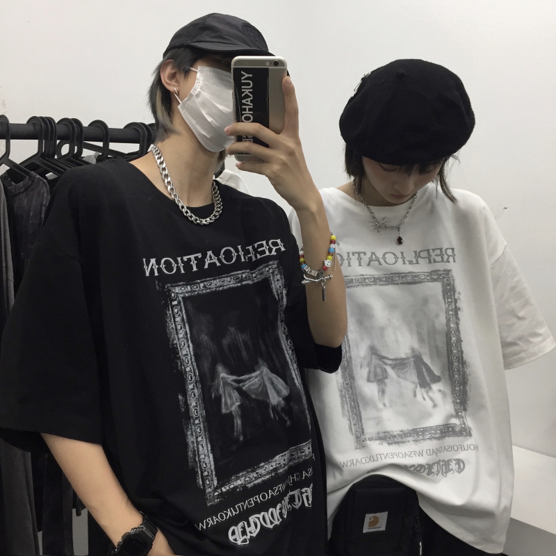 2021 summer Korean ins retro dark print versatile loose short sleeve T-shirt for men and women
