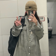 ~2021 spring new Korean ins college Fengqing new green plaid Long Sleeve Shirt Blouse