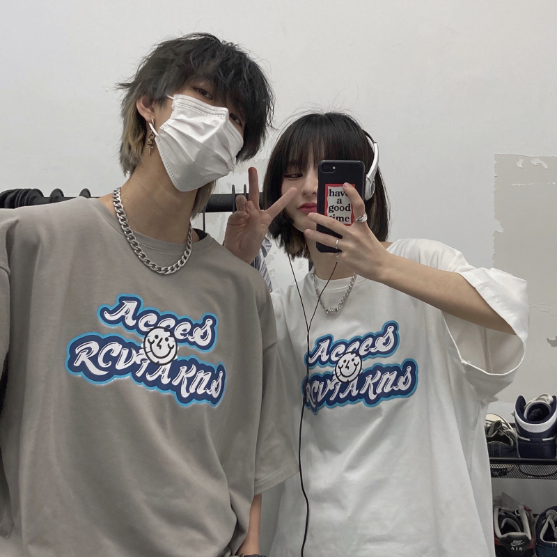 2021 summer Korean ins versatile smiley face letter print loose short sleeve T-shirt for men and women