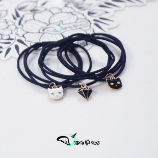 黑猫黄眼睛发圈白猫蓝眼睛发绳宝石钻石黑色皮筋手链两用情侣头绳