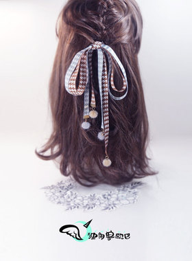 银灰色发带咖啡色加长腰带千鸟格子发饰毛绒球发绳网红蝴蝶结头饰