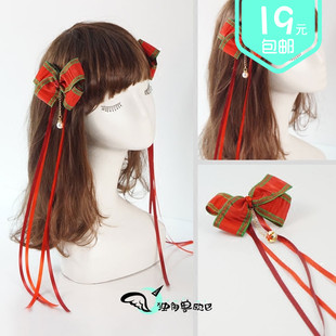 日式和风樱花铃铛蝴蝶结流苏发夹仿珍珠红色刺绣花发卡民族风头饰