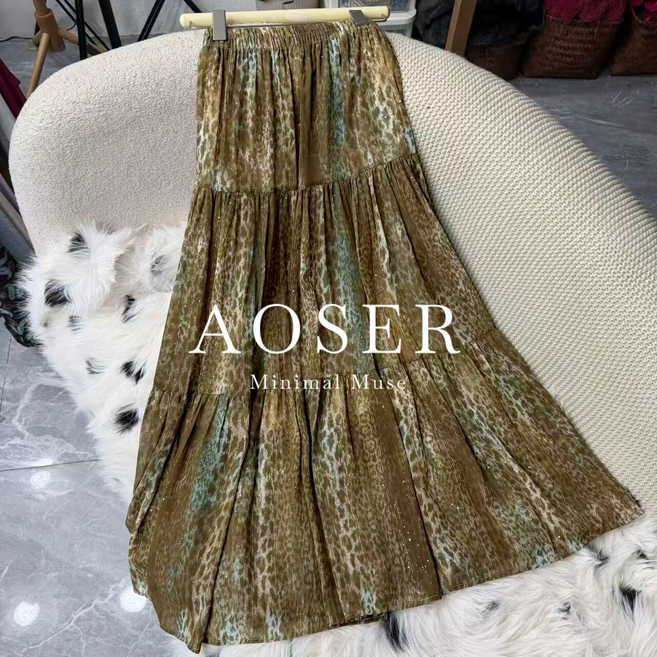 AOSER复古豹纹印花半身裙女松紧腰蛋糕裙显瘦A字裙5086 - 实物图