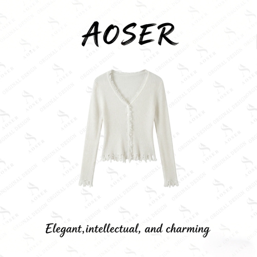 AOSER薄款V领木耳边针织衫女装