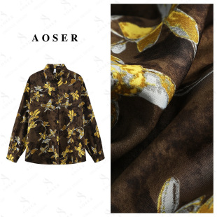 AOSER新款休闲百搭长袖复古印花咖色调衬衫花色女装衬衣479