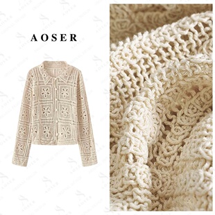 17776 翻领镂空轻熟风花朵毛针织衫 AOSER气质开衫 长袖