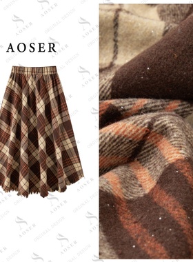 AOSER 时尚潮流百搭流苏款高腰中长款松紧带格子半身裙女装1202