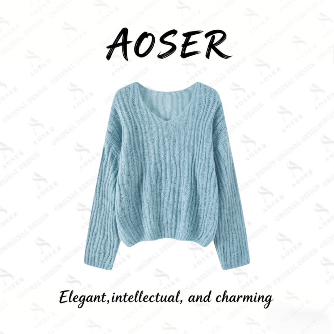 AOSER 时尚气质显瘦百搭优雅V领镂空长袖针织衫韩系风套头2676