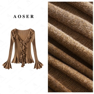 AOSER时尚花边长袖针织款收腰红色显瘦荷叶边女装2531