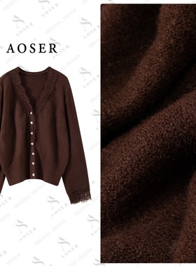 AOSER小众宽松显瘦百搭长袖蕾丝边V领毛针织开衫休闲轻熟风2618