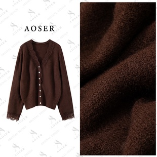 AOSER小众宽松显瘦百搭长袖 休闲轻熟风2618 蕾丝边V领毛针织开衫
