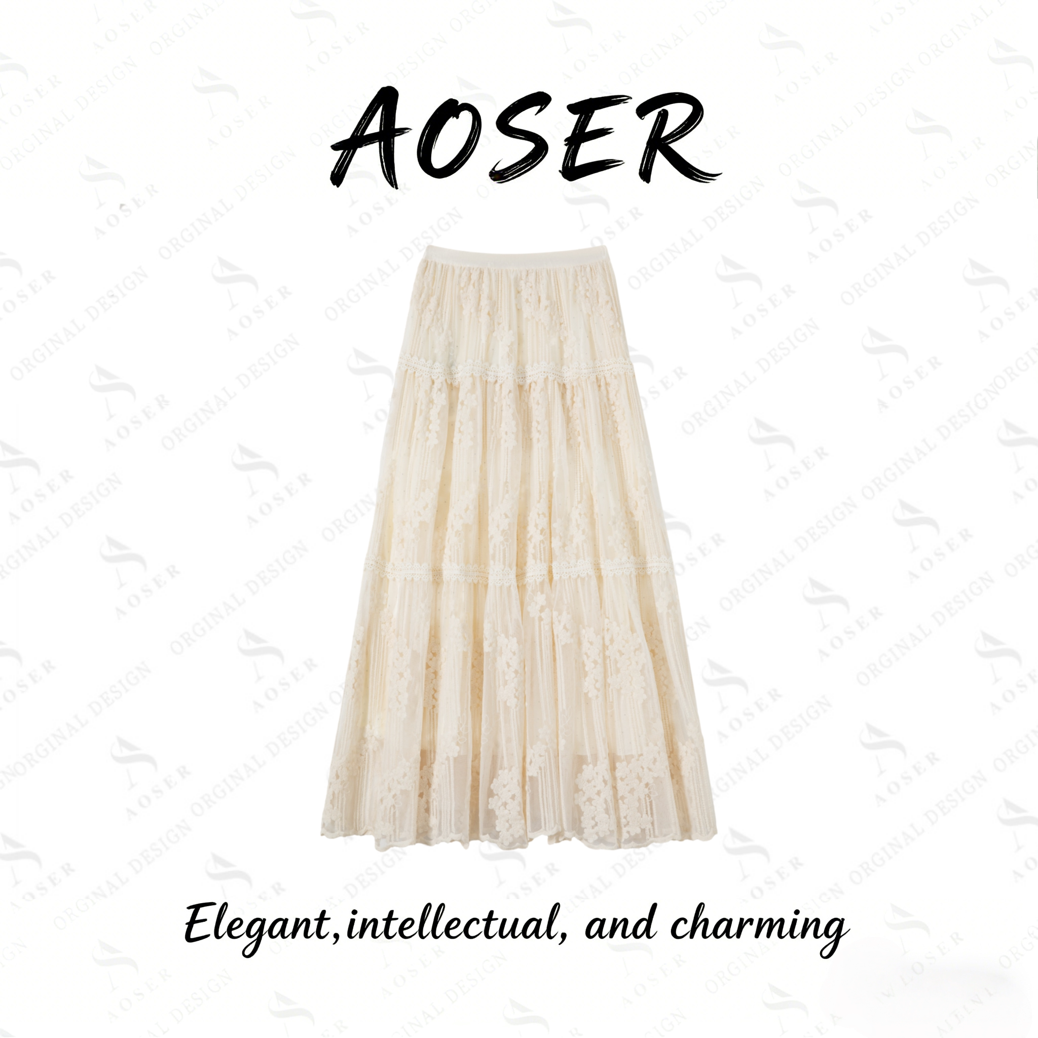 AOSER新款时尚百搭法式温柔风气质加厚三层半身裙女装蕾丝2612