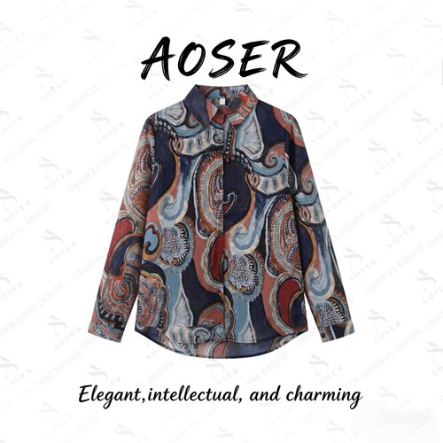 AOSER新款时尚气质百搭抽象拼色印花长袖衬衫女装101-6