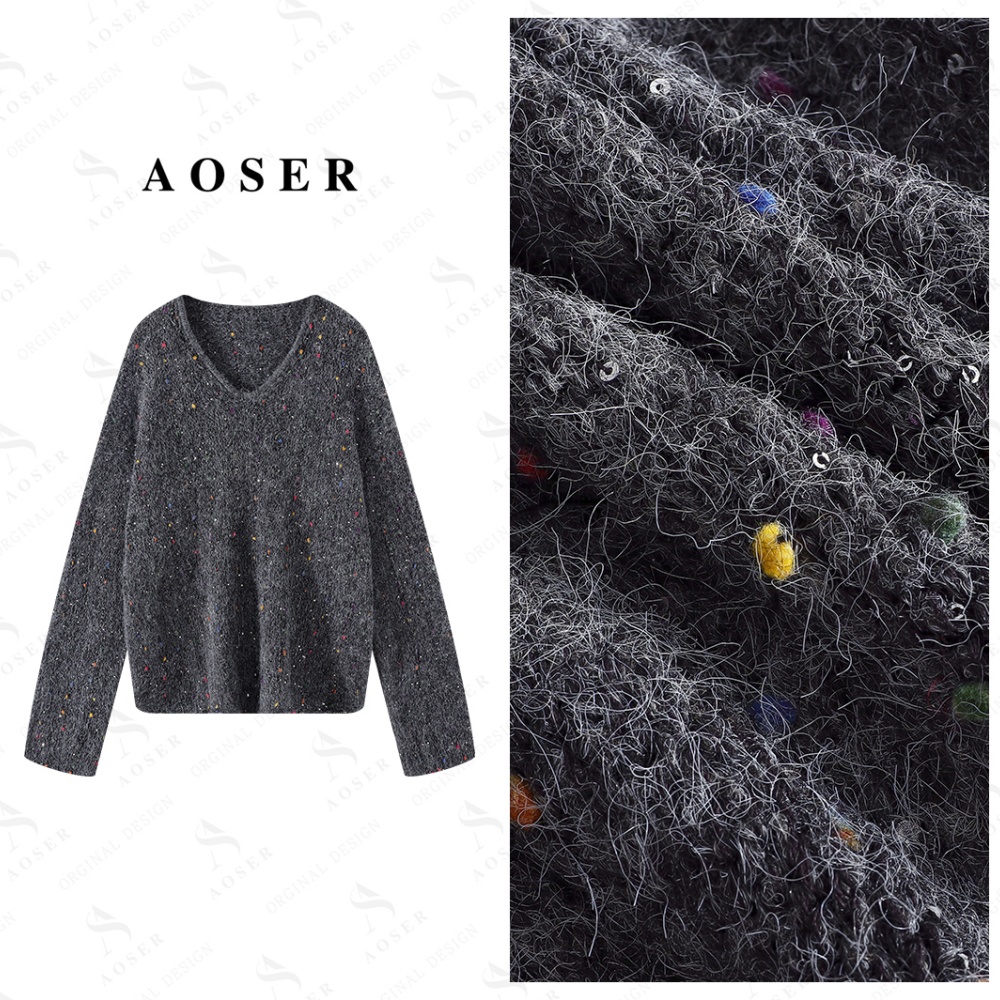 AOSER休闲极简风V领补花亮片长袖女装毛衣时尚百搭毛衣5233