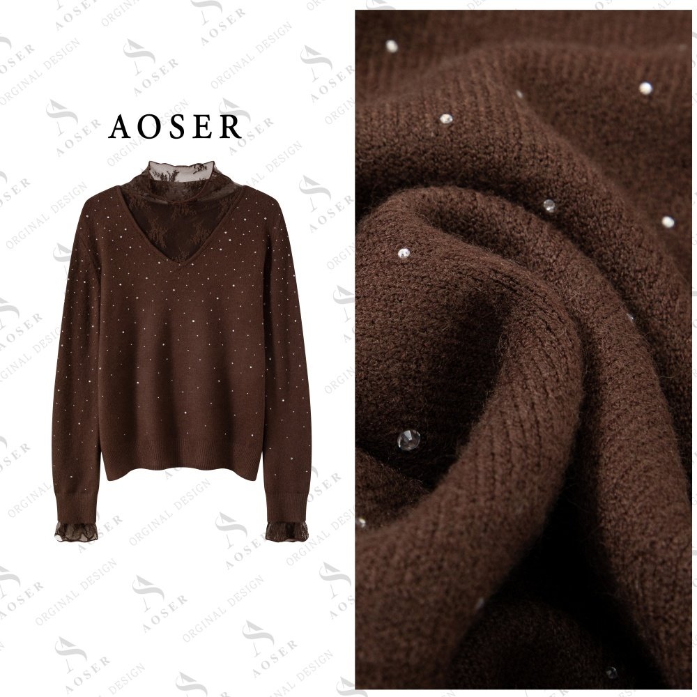 AOSER时尚百搭宽松休闲烫钻立领套头长袖毛针织衫女装25132,女装/女士精品,毛针织衫,淘宝优惠券,粉丝福利购,淘宝优惠卷