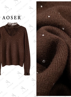 AOSER时尚百搭宽松休闲烫钻立领套头长袖毛针织衫女装25132