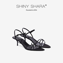 Shiny Shara/诗莎2024夏季新款细跟中跟尖头黑色凉鞋女夏季单鞋女