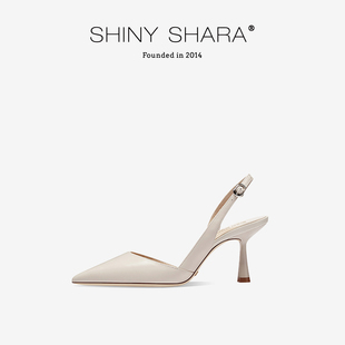 Shiny 詩莎2024秋冬新款 細跟高跟白色包頭后側空涼鞋 女 Shara