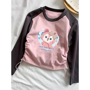 女童春秋款百搭长袖男童吸汗时尚抽绳女童纯棉卡通印花T恤修身款