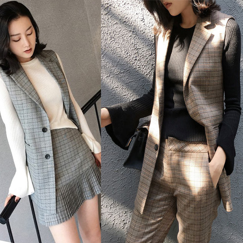 反季清仓高端格子西装马甲外套OL职业短裙两件套装女时尚显瘦西服