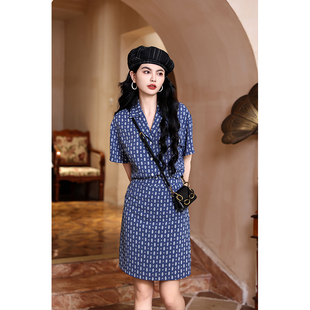 星星点点~港式复古印花百搭衬衫+a字半身裙高腰显瘦短裙夏新款女