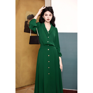 清冽~法式复古女装春装套装两件套[V领长袖上衣+中长款半身裙]